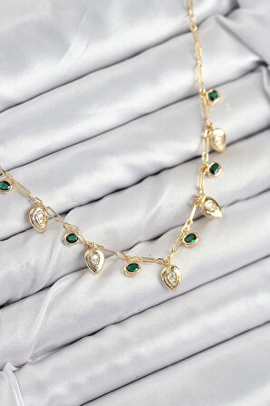 Pirinç Zirkon Taşlı Sallantılı Damla Model Gold Renk Kadın Kolye