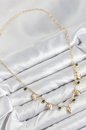 Pirinç Zirkon Taşlı Sallantılı Damla Model Gold Renk Kadın Kolye