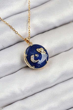 316L Çelik Zirkon Taşlı Açılabilr Kapaklı Gezegen Model Gold Renk Kadın Kolye