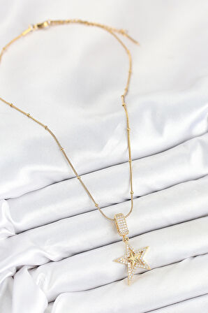 316L Çelik Zirkon Taşlı Yıldız Model Gold Renk Kadın Kolye