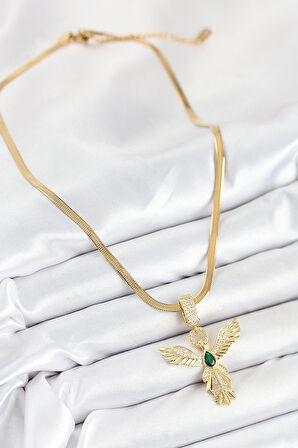 316L Çelik Zirkon Taşlı Melek Model Gold Renk Kadın Kolye