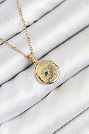 316L Çelik Zirkon Taşlı Ay Ve Güneş Model Gold Renk Kadın Kolye