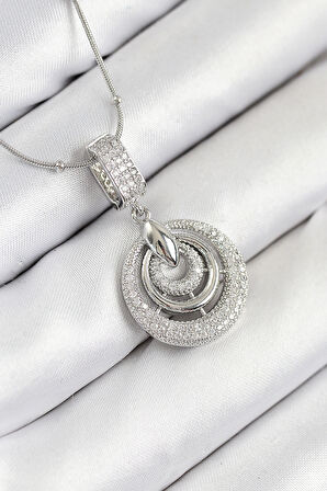 316L Çelik Zirkon Taşlı Çember Model Gümüş Renk Kadın Kolye