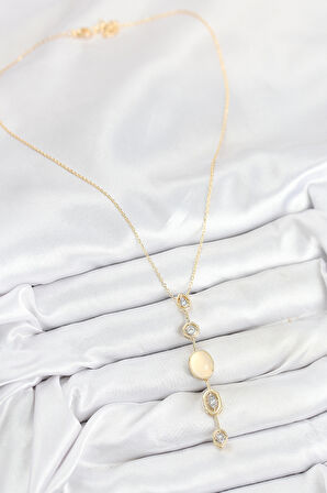 Pirinç Zincir Sarı Gold Renk Zirkon Taşlı Y Kolye