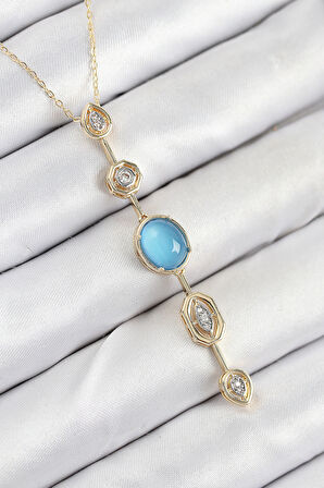 Pirinç Zincir Mavi Gold Renk Zirkon Taşlı Y Kolye