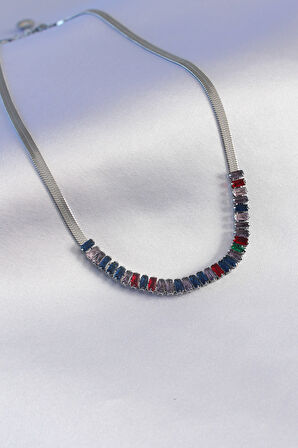 316L Çelik Gümüş Renk İtalyan Zincir Model Renkli Zirkon Taşlı Kadın Kolye