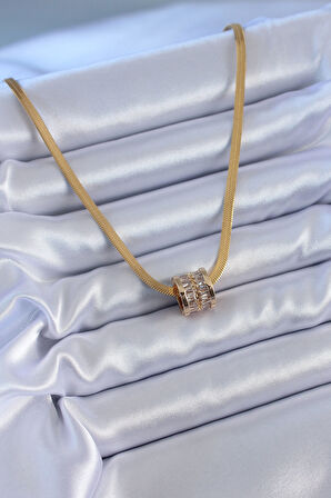 316L Çelik Gold Renk İtalyan Zincir Model Zirkon Taşlı Kadın Kolye