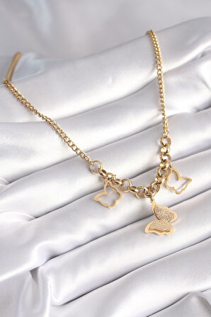 316L Çelik Gold Renk Simli Model Kadın Kolye