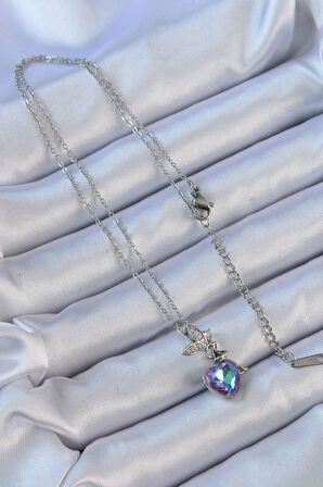 316L Çelik Zincir Gümüş Renk Mor Mavi Renk Zirkon Taşlı Kalp Detay Kolye