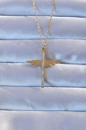 316L Çelik Altın Renk Zirkon Taşlı Mikail Kolye