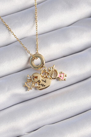 316L Çelik Gold Renk Zirkon Taş Detay Figür Charm Model Kadın Kolye