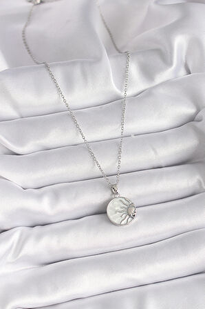 316L Çelik Gümüş Renk Zincir Beyaz Sedefli Gün Batımı Model Kadın Kolye