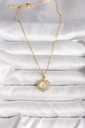 316L Çelik Gold Renk Zirkon Taşlı Sarı Sedefli Hilal Model Kadın Kolye