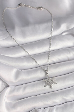 316L Çelik Gümüş Renk Zincir Zirkon Taşlı Kar Tanesi Model Kadın Kolye