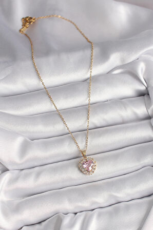 316L Çelik Gold Renk Zincir Pembe Zirkon Taşlı Kalp Model Kadın Kolye