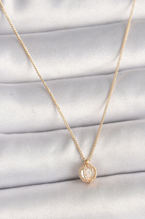 Pirinç Gold Renk Zirkon Taşlı Daire Kafes Model Kadın Kolye