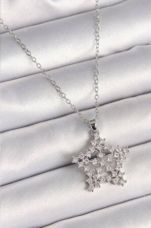 316L Çelik Gümüş Renk Zincir Zirkon Taşlı Kar Tanesi Model Kadın Kolye