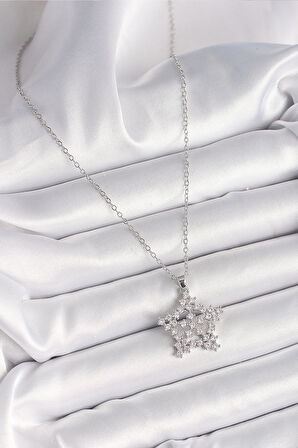316L Çelik Gümüş Renk Zincir Zirkon Taşlı Kar Tanesi Model Kadın Kolye