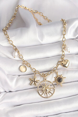 316L Çelik Gold Renk Güneş Model Siyah Mineli Güneş Detay Kadın Kolye