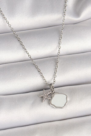 316L Çelik Gümüş Renk Zincir Sallantı Beyaz Mineli Deniz Kabuğu Zirkon Taşlı Deniz Yıldızı Figür Kad