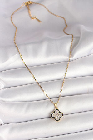 316L Çelik Gold Renk Zincir Zirkon Taşlı Yonca Model Kadın Kolye