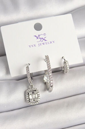 Pirinç Gümüş Renk Zirkon Taşlı Baget Halka Model 3'Lü Kadın Kombin Küpe