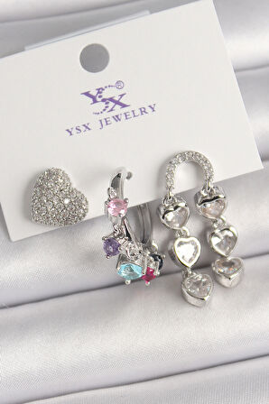 Pirinç Gümüş Renk Zirkon Taşlı Kalp Figür Renkli Taş Detay 3'Lü Kadın Kombin Küpe