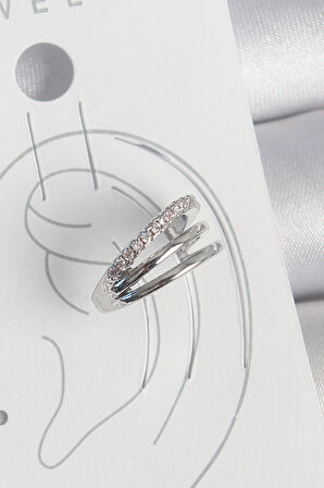 Pirinç Gümüş Renk Zirkon Taşlı 3'Lü Sıralı Model Kadın Kıkırdak Küpe