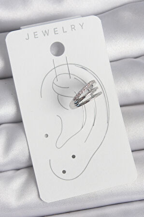 Pirinç Gümüş Renk Zirkon Taşlı 3'Lü Sıralı Model Kadın Kıkırdak Küpe