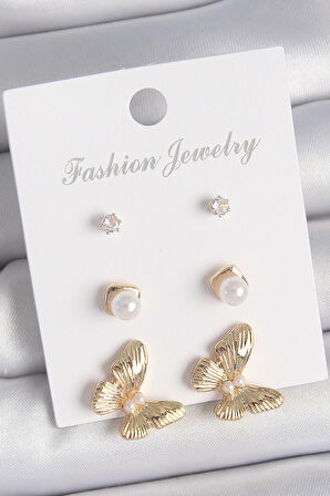 Pirinç Gold Renk Zirkon Taşlı İncili Model 3 Çift Kadın Küpe Seti