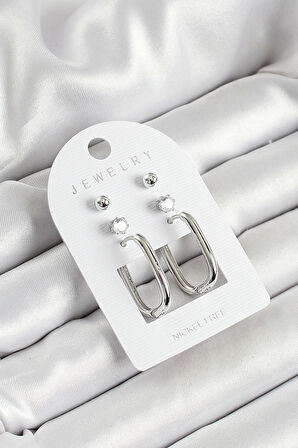 Pirinç Zirkon Taş Ve Dikdörtgen Figürlü Gümüş Renk 3'Lü Çift Kadın Küpe Set