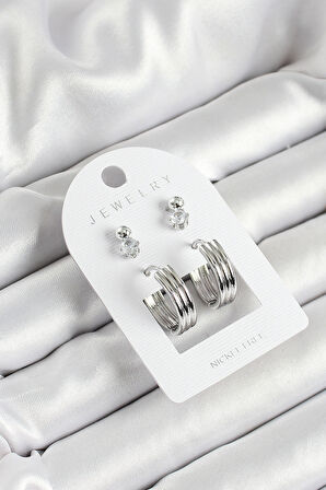 Pirinç Zirkon Taş Ve Halka Figürlü Gümüş Renk 3'Lü Çift Kadın Küpe Set