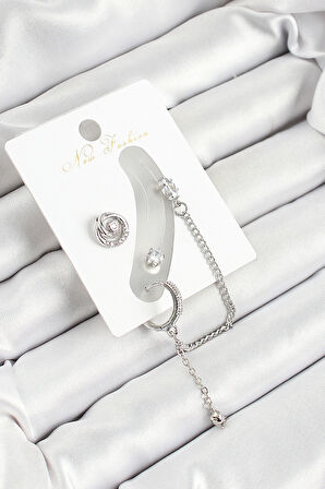 Pirinç Halka Figürlü Zirkon Taşlı Gümüş Renk 3'Lü Kıkırdak Kadın Küpe Set