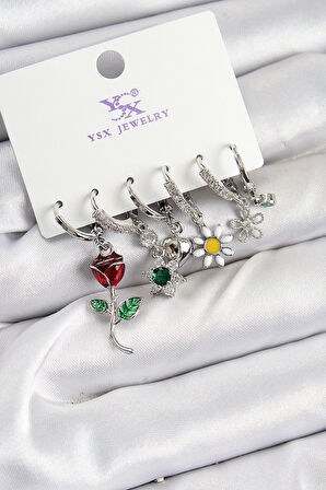 Pirinç Zi̇rkon Taşlı Gül Ve Papatya Model Gümüş Renk 3'Lü Çift Kadın Küpe