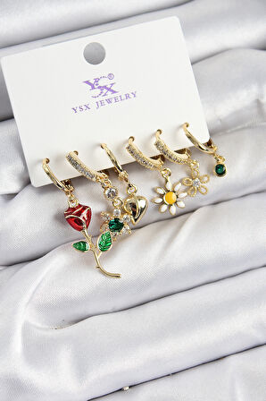 Pirinç Zi̇rkon Taşlı Gül Ve Papatya Model Gold Renk 3'Lü Çift Kadın Küpe