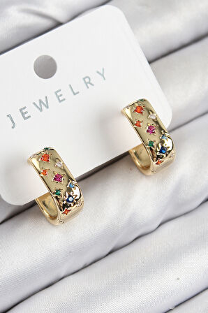 Pirinç Zirkon Taşlı Yıldız Desen Model Gold Renk Kadın Küpe