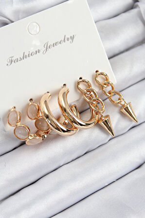 Pirinç Halka Ve Zincir Model Gold Renk Kadın Set Küpe