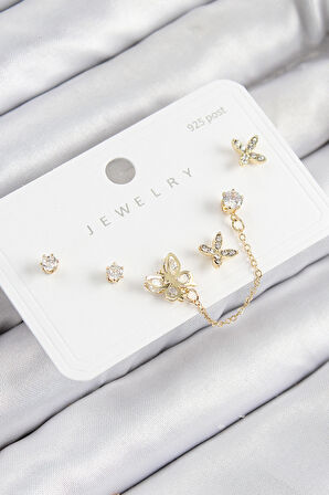 Pirinç Zirkon Taşlı Model Gold Renk 925 Ayar Gümüş Çivi Kadın Küpe Set