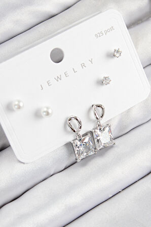 Pirinç Zirkon Taşlı Sallantılı Model Gümüş Renk 925 Ayar Gümüş Çivi Kadın Küpe Set