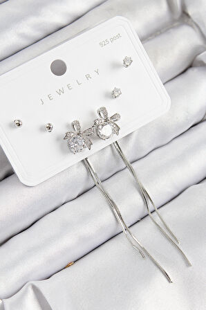 Pirinç Zirkon Taşlı Sallantılı Fiyonk Model Gümüş Renk 925 Ayar Gümüş Çivi Kadın Küpe Set