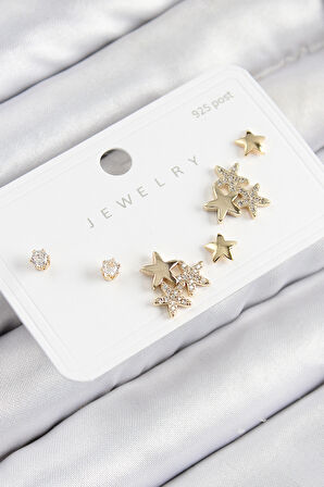 Pirinç Zirkon Taşlı Yıldız Model Gold Renk 925 Ayar Gümüş Çivi Kadın Küpe Set