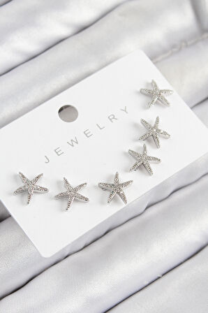 Pirinç Zirkon Taşlı Deniz Yıldızı Model Gümüş Renk 925 Ayar Gümüş Çivi Kadın Küpe Set