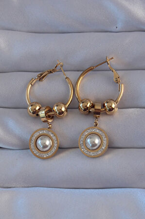 316L Çelik Gold Renk Zirkon Ve İnci Taşlı Model Halka Küpe