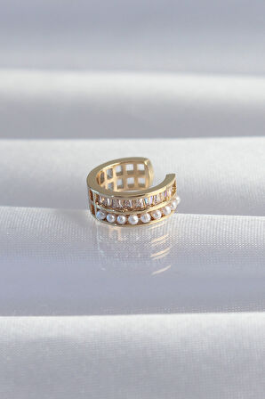 Pirinç Gold Renk İncili Baget Taşlı Earcuff Küpe