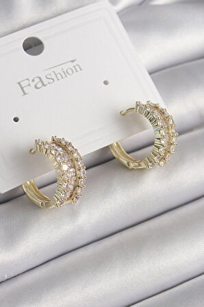 Pirinç Gold Renk Zirkon Taşlı Halka Model Kadın Küpe
