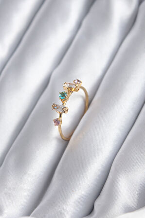 Gold Renk Zirkon Taşlı Renkli Zirkon Taşlı Kadın Yüzük