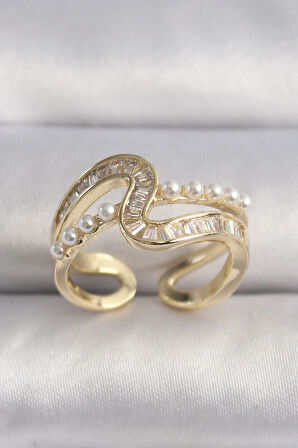 Pirinç Gold Renk Zirkon Taşlı İnci Detay Vip Seri Kadın Yüzük