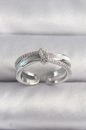 Pirinç Gümüş Renk Zirkon Taşlı Düğüm Model Vip Seri Kadın Yüzük