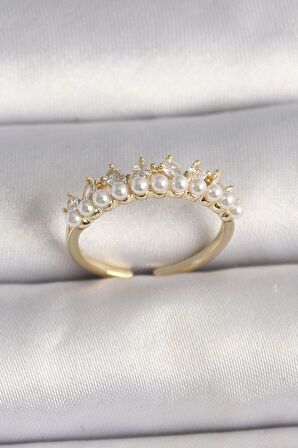 Pirinç Gold Renk Zirkon Taşlı İncili Model Ayarlanabilir Kadın Yüzük