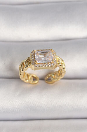 Pirinç Gold Renk Zincir Model Zirkon Taşlı Kadın Yüzük